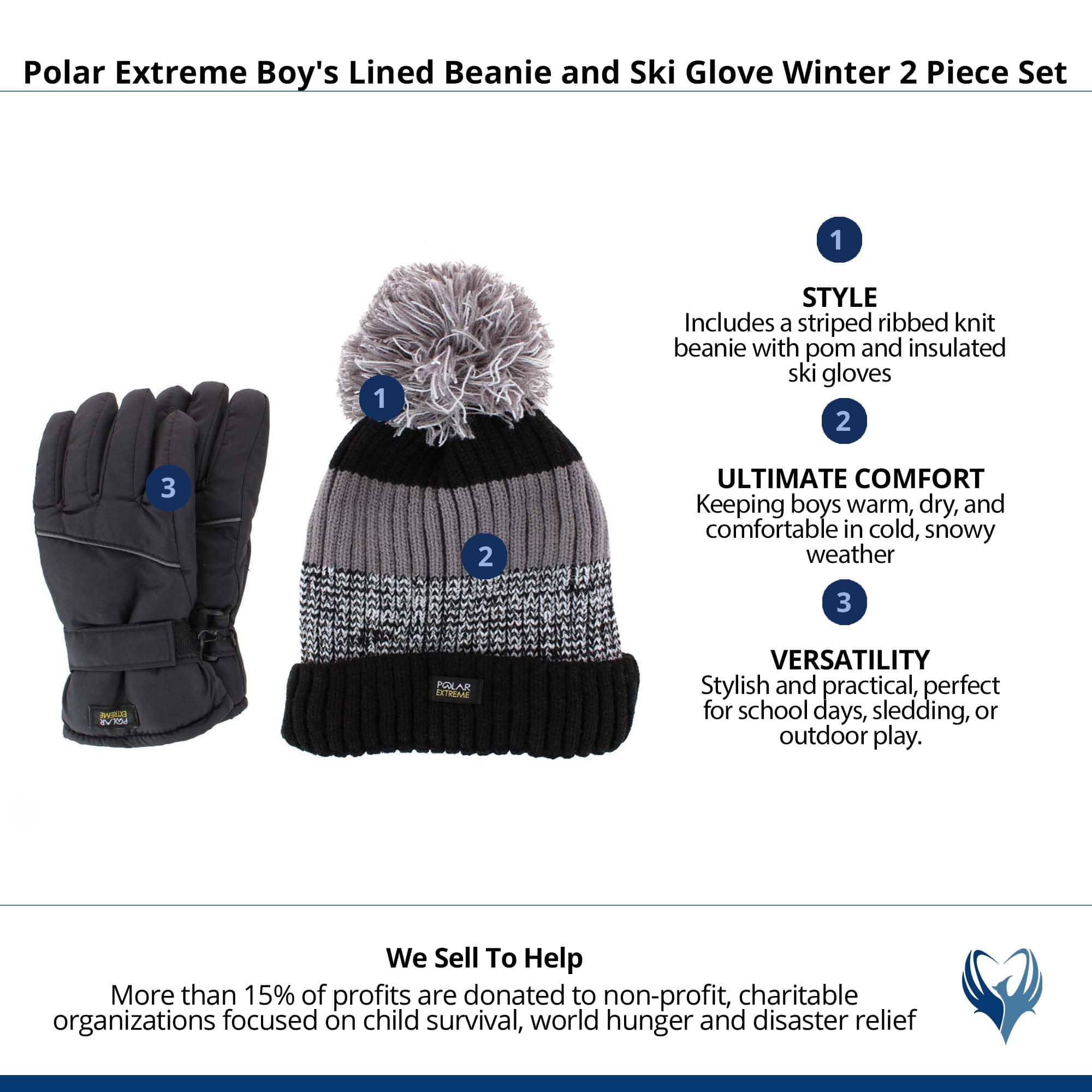 Polar Extreme Boy's Lined Beanie and Ski Glove Winter 2 Piece Set - Black
