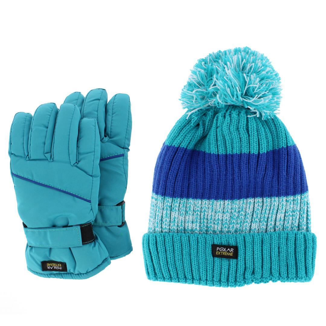 Polar Extreme Girl's Lined Beanie and Ski Glove Winter 2 Piece Set - Blue