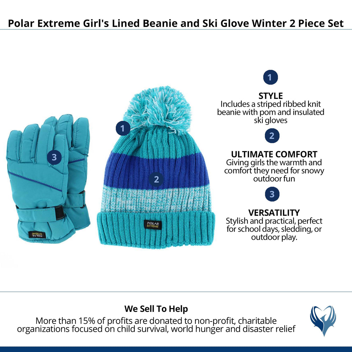 Polar Extreme Girl's Lined Beanie and Ski Glove Winter 2 Piece Set - Blue