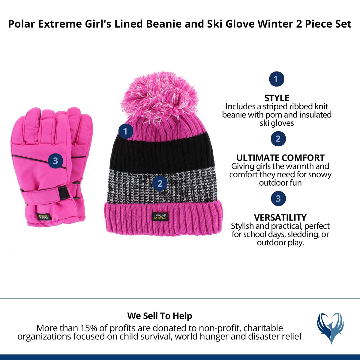 Polar Extreme Girl's Lined Beanie and Ski Glove Winter 2 Piece Set - Pink