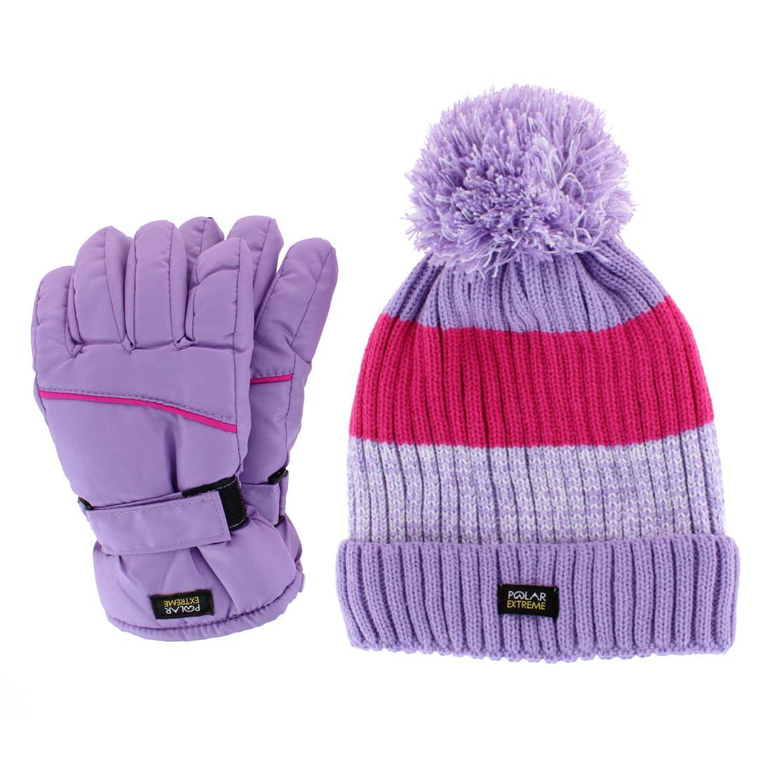 Polar Extreme Girl's Lined Beanie and Ski Glove Winter 2 Piece Set - Purple