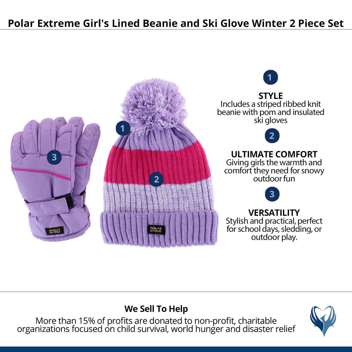 Polar Extreme Girl's Lined Beanie and Ski Glove Winter 2 Piece Set - Purple