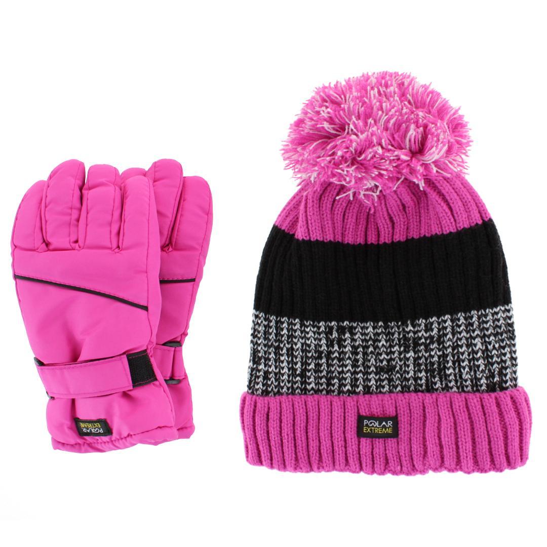 Polar Extreme Girl's Lined Beanie and Ski Glove Winter 2 Piece Set - Girl's Lined Beanie and Ski Glove Winter 2 Piece Set