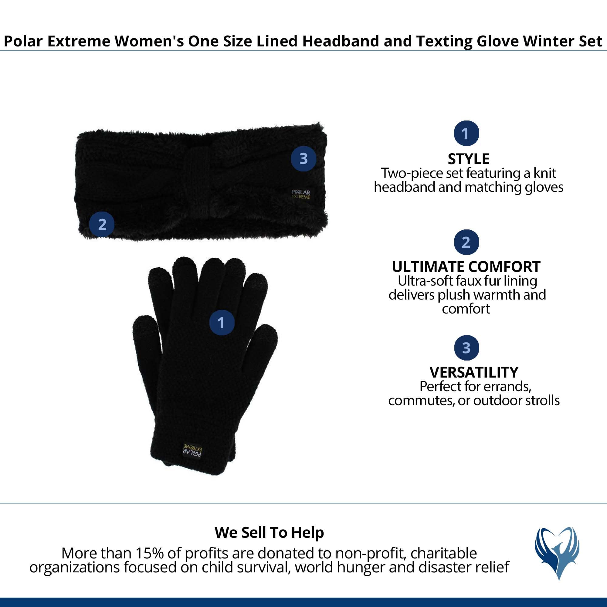 Polar Extreme Women's One Size Lined Headband and Texting Glove Winter Set - Black