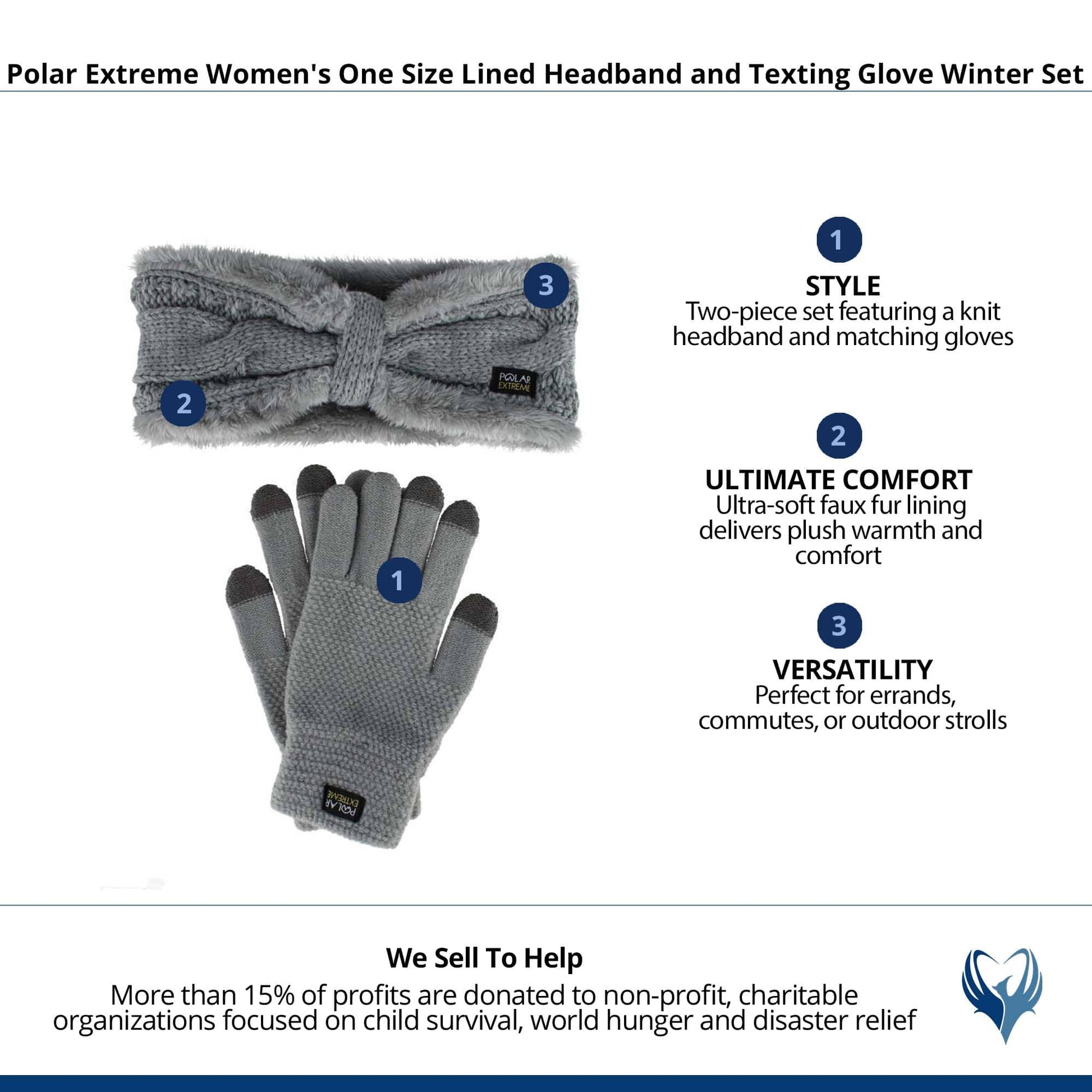 Polar Extreme Women's One Size Lined Headband and Texting Glove Winter Set - Gray