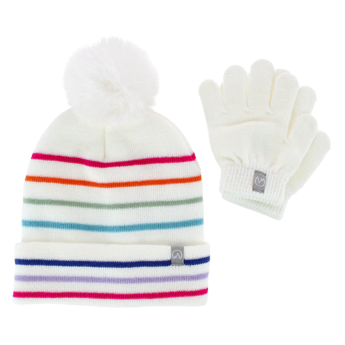 Polar Extreme Girl's Stripe Winter Beanie Hat and Gloves Set - Ivory