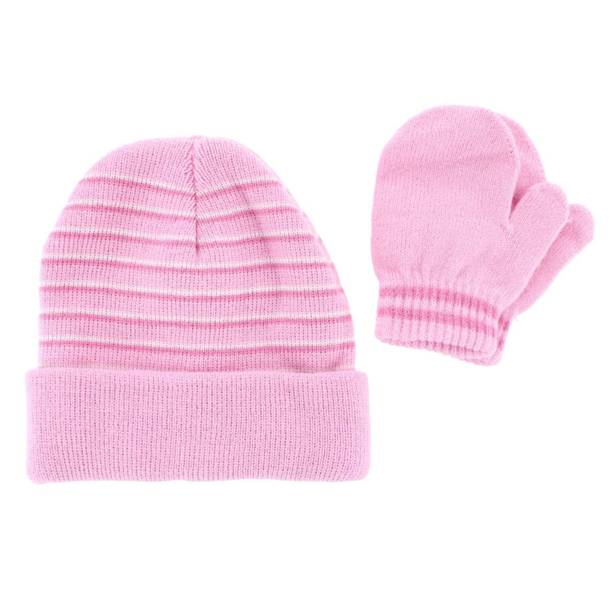 Snuggle Buds Infant Stripe Winter Beanie Hat & Mittens Set - Pink