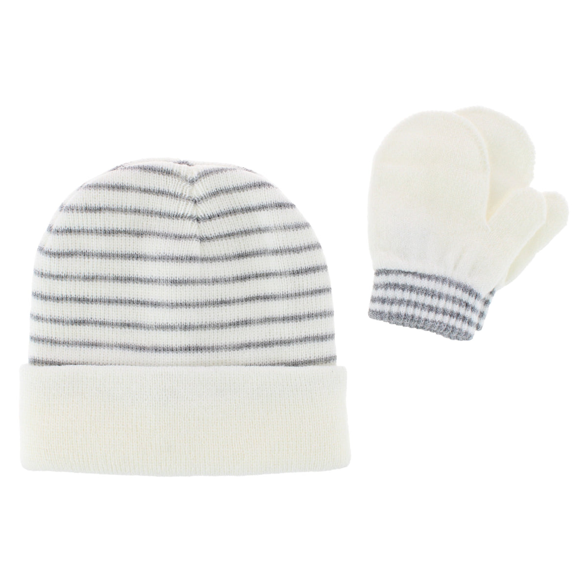 Snuggle Buds Infant Stripe Winter Beanie Hat & Mittens Set - White