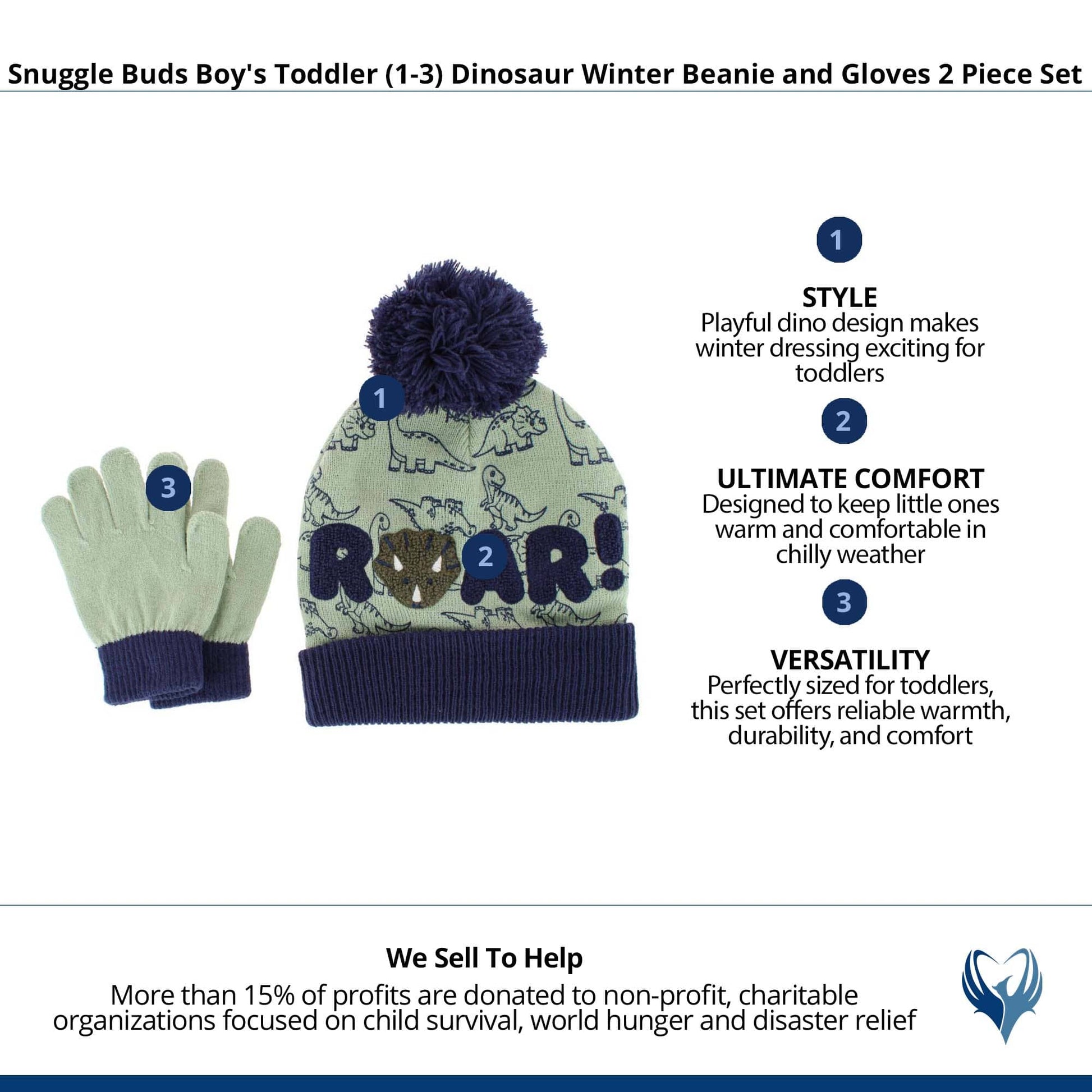 Snuggle Buds Boy's Toddler (1-3) Dinosaur Winter Beanie and Gloves Set - Green