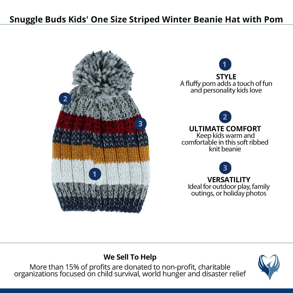 Snuggle Buds Kids' One Size Striped Winter Beanie Hat with Pom - Black
