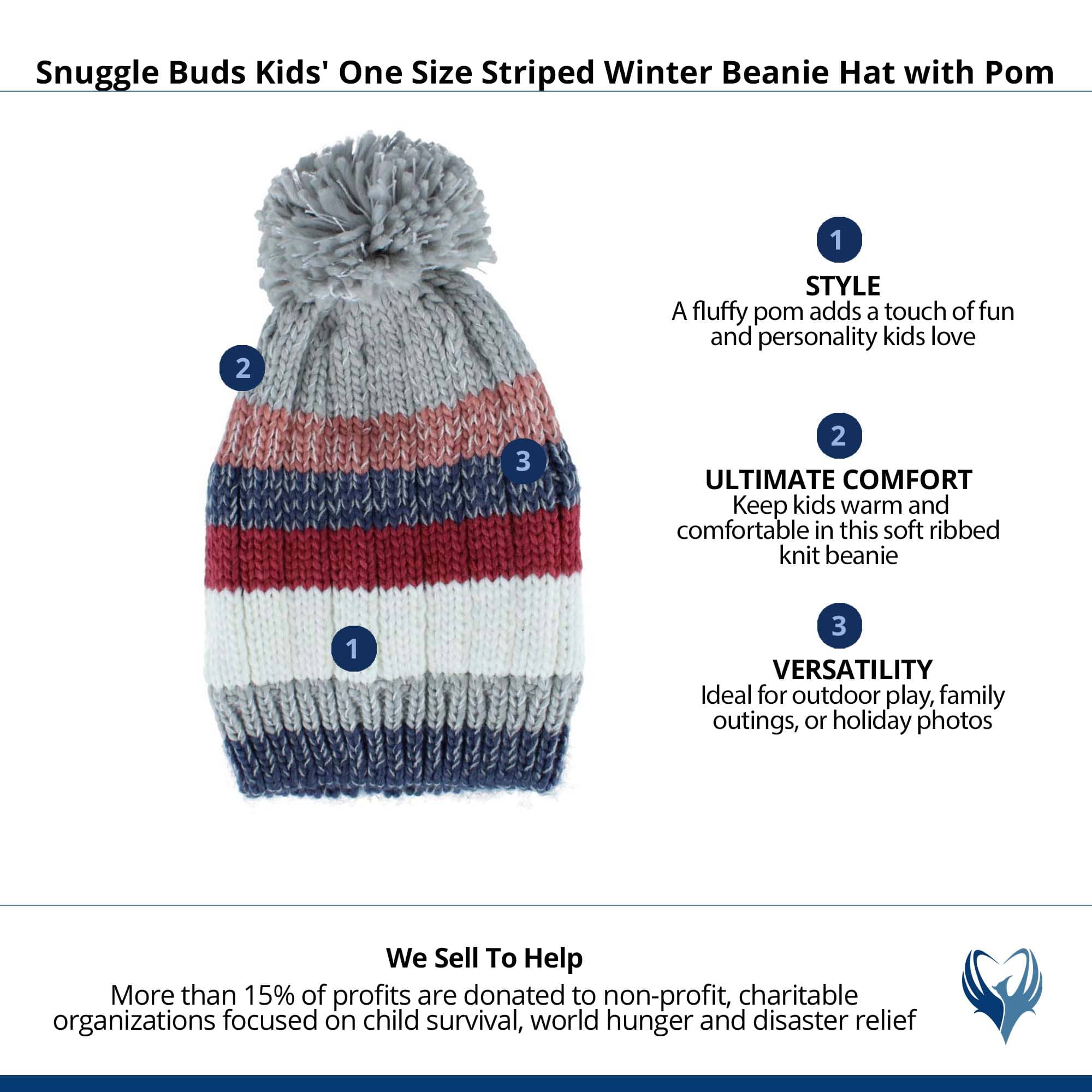 Snuggle Buds Kids' One Size Striped Winter Beanie Hat with Pom - Gray