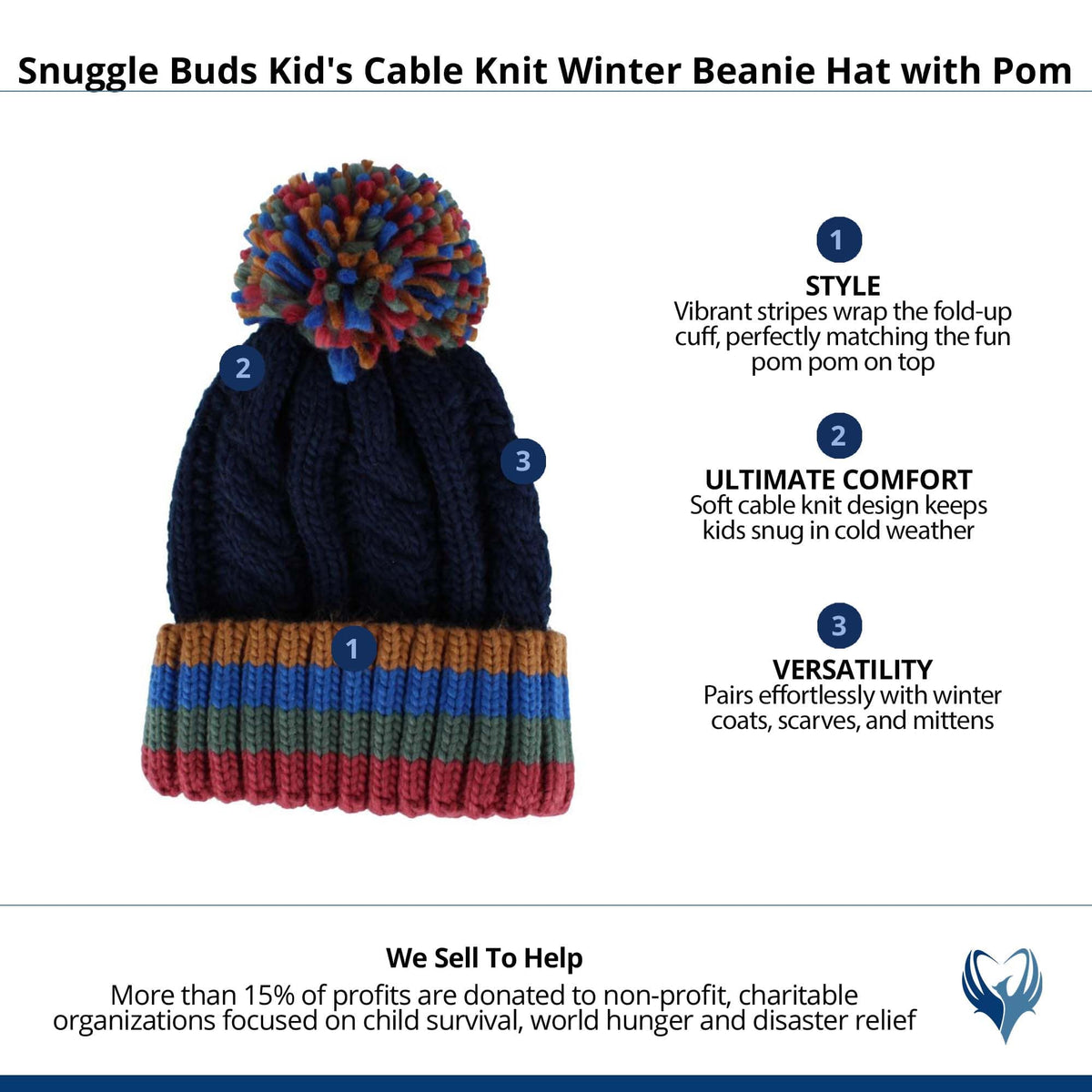 Snuggle Buds Kid's Cable Knit Winter Beanie Hat with Pom - Navy
