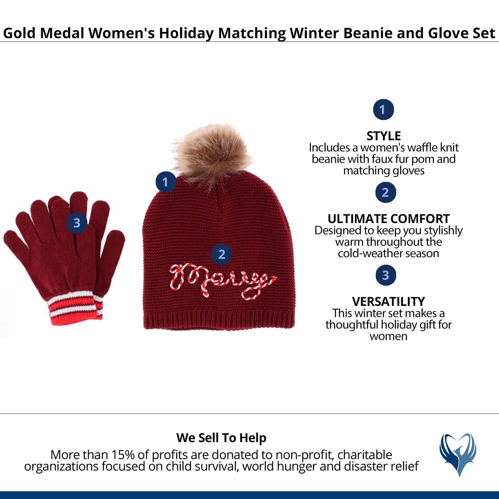 Gold Medal Women's Holiday Matching Winter Beanie and Glove Set - Burgundy