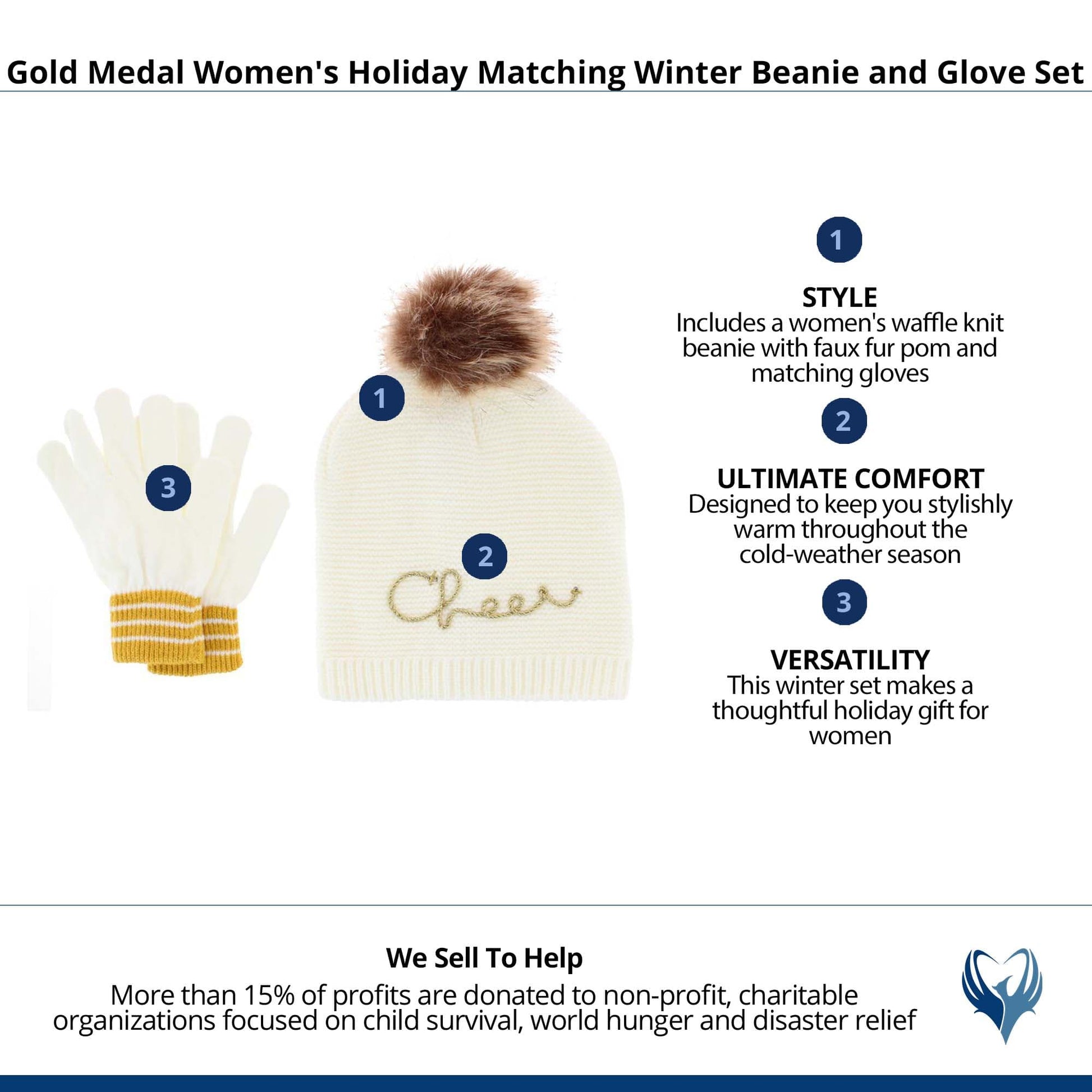 Gold Medal Women's Holiday Matching Winter Beanie and Glove Set - Ivory