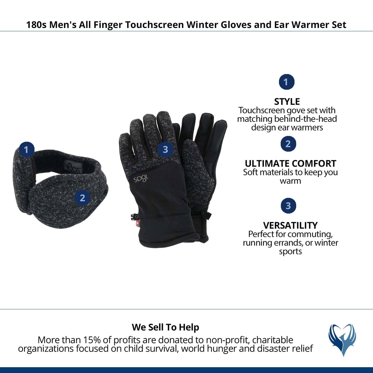 180s Men's All Finger Touchscreen Winter Gloves and Ear Warmer Set - Charcoal Heather