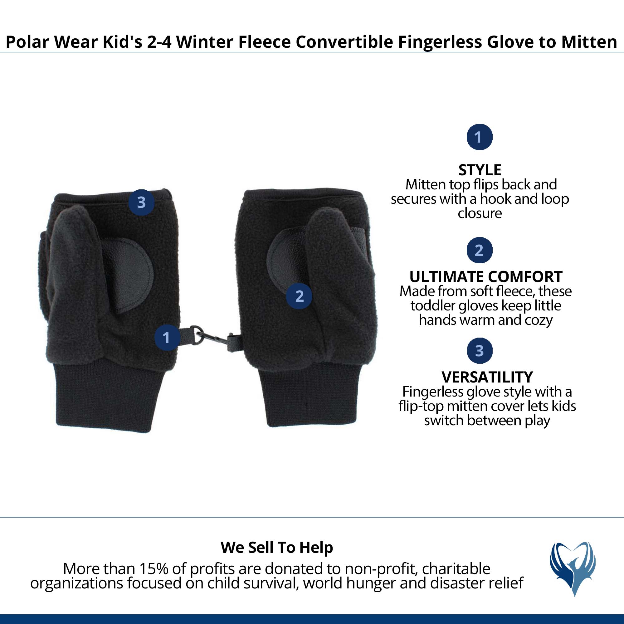 Polar Wear Kid's 2-4 Winter Fleece Convertible Fingerless Glove to Mitten - Black