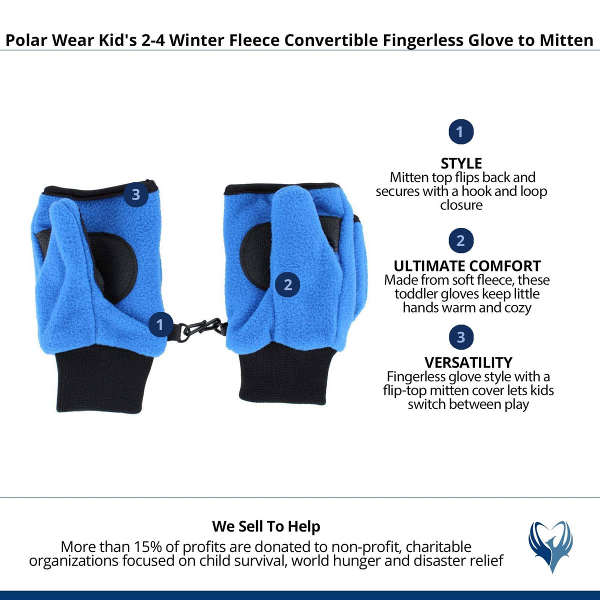Polar Wear Kid's 2-4 Winter Fleece Convertible Fingerless Glove to Mitten - Blue