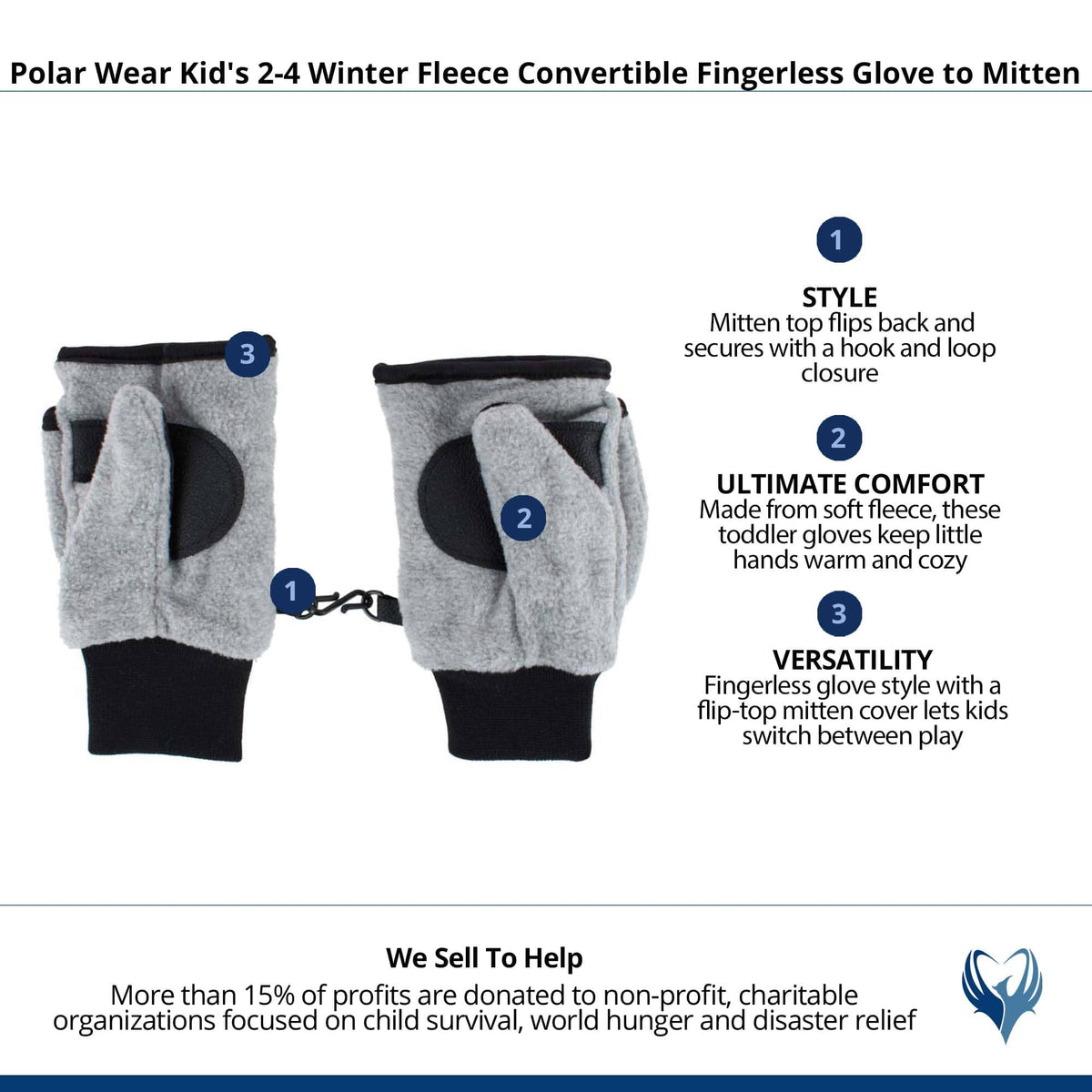 Polar Wear Kid's 2-4 Winter Fleece Convertible Fingerless Glove to Mitten - Light Grey
