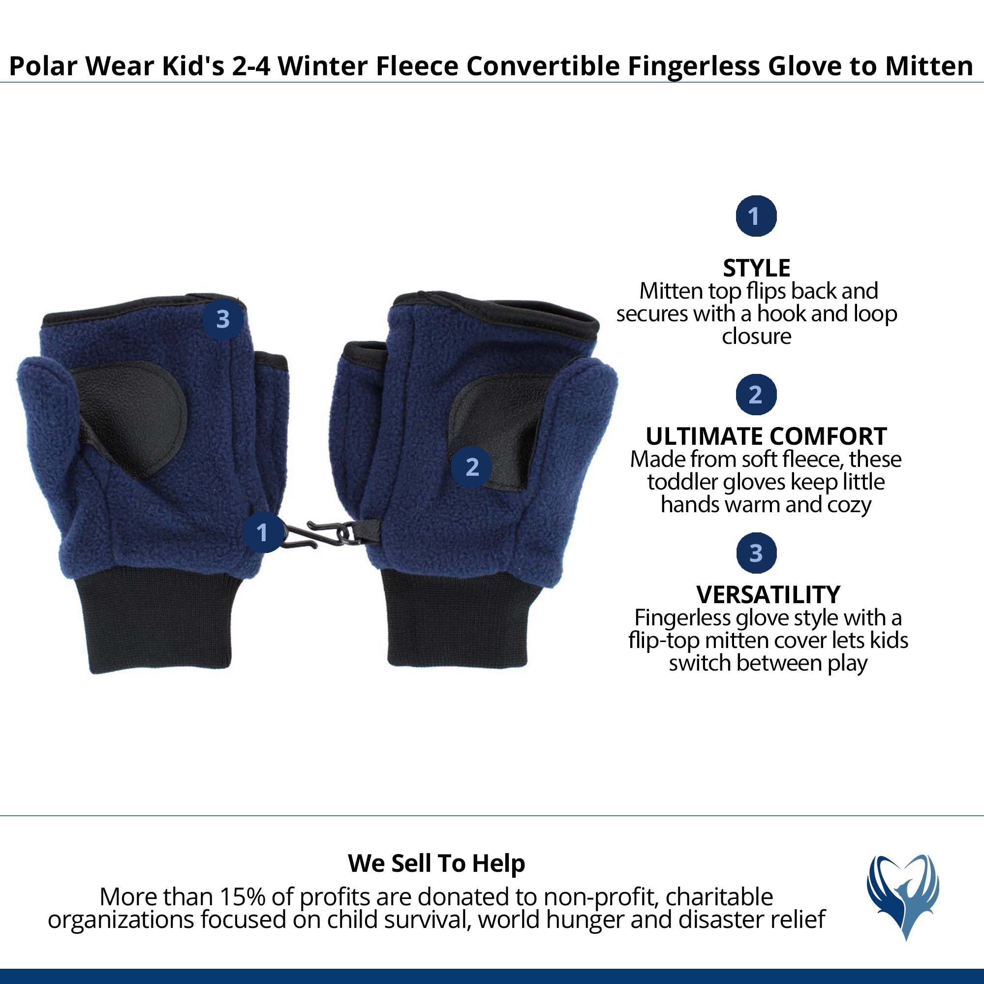 Polar Wear Kid's 2-4 Winter Fleece Convertible Fingerless Glove to Mitten - Navy