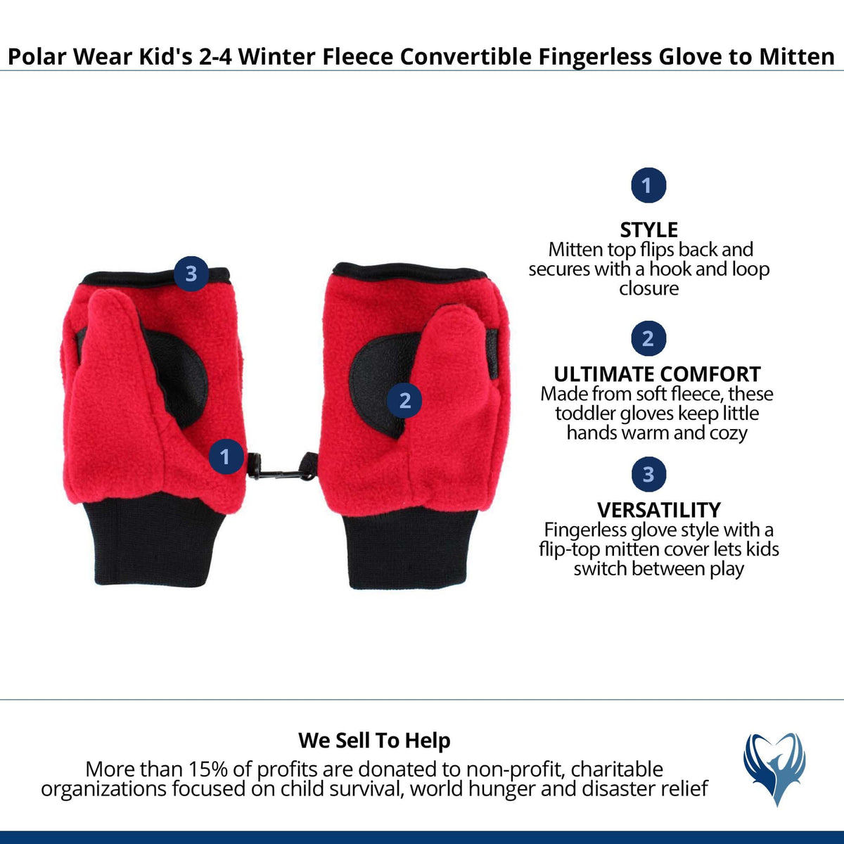 Polar Wear Kid's 2-4 Winter Fleece Convertible Fingerless Glove to Mitten - Red