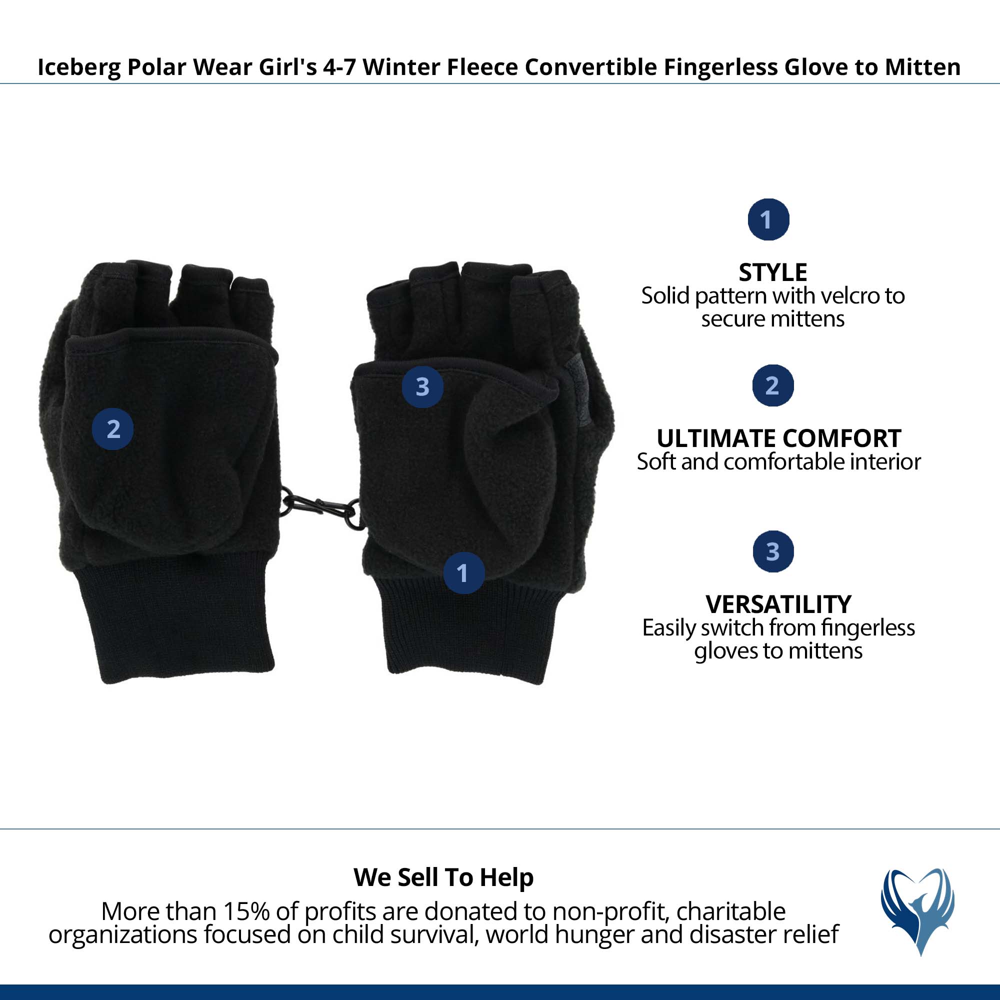 Iceberg Polar Wear Kid's 4-7 Fleece Convertible Fingerless Glove to Mitten - Black