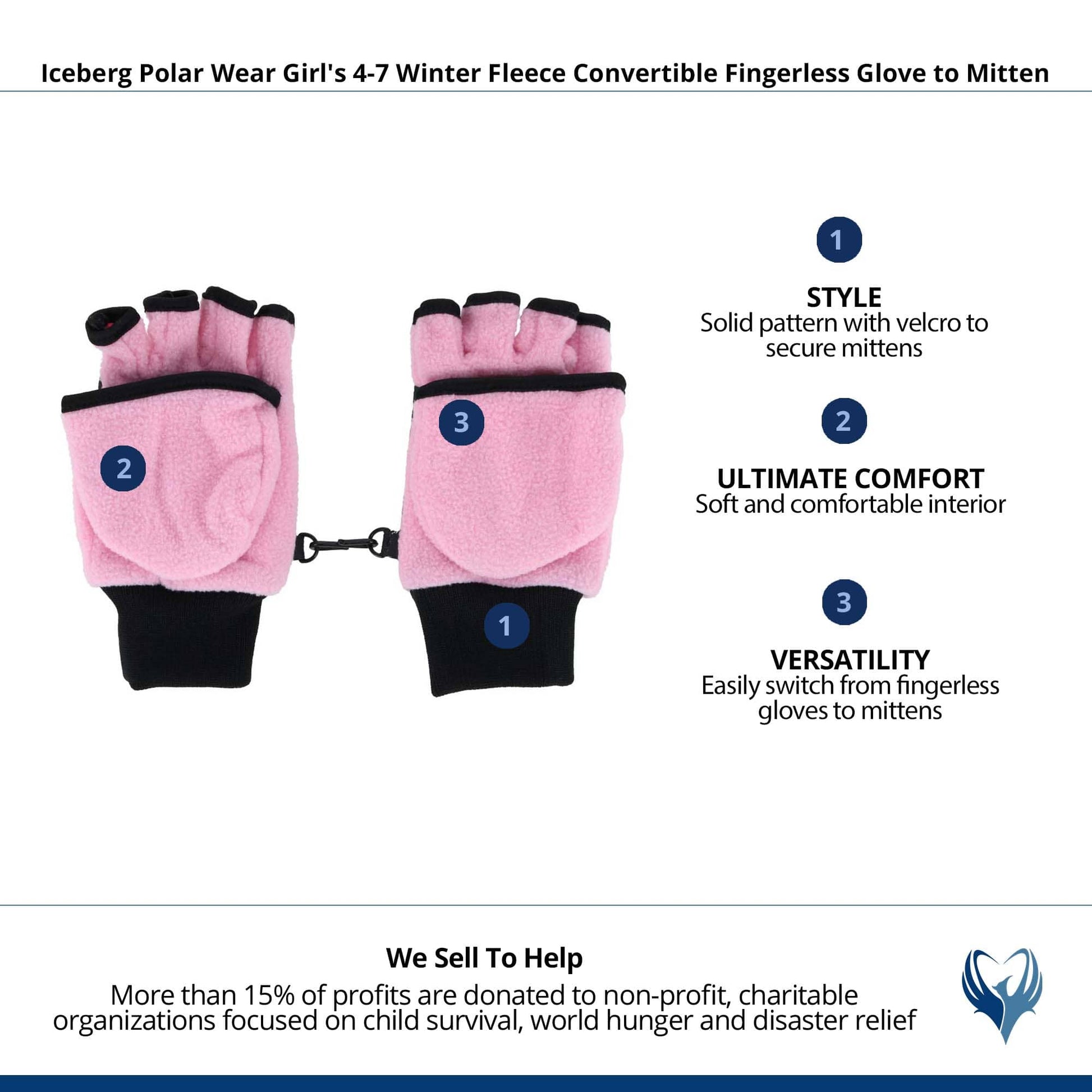Iceberg Polar Wear Kid's 4-7 Fleece Convertible Fingerless Glove to Mitten - Light Pink