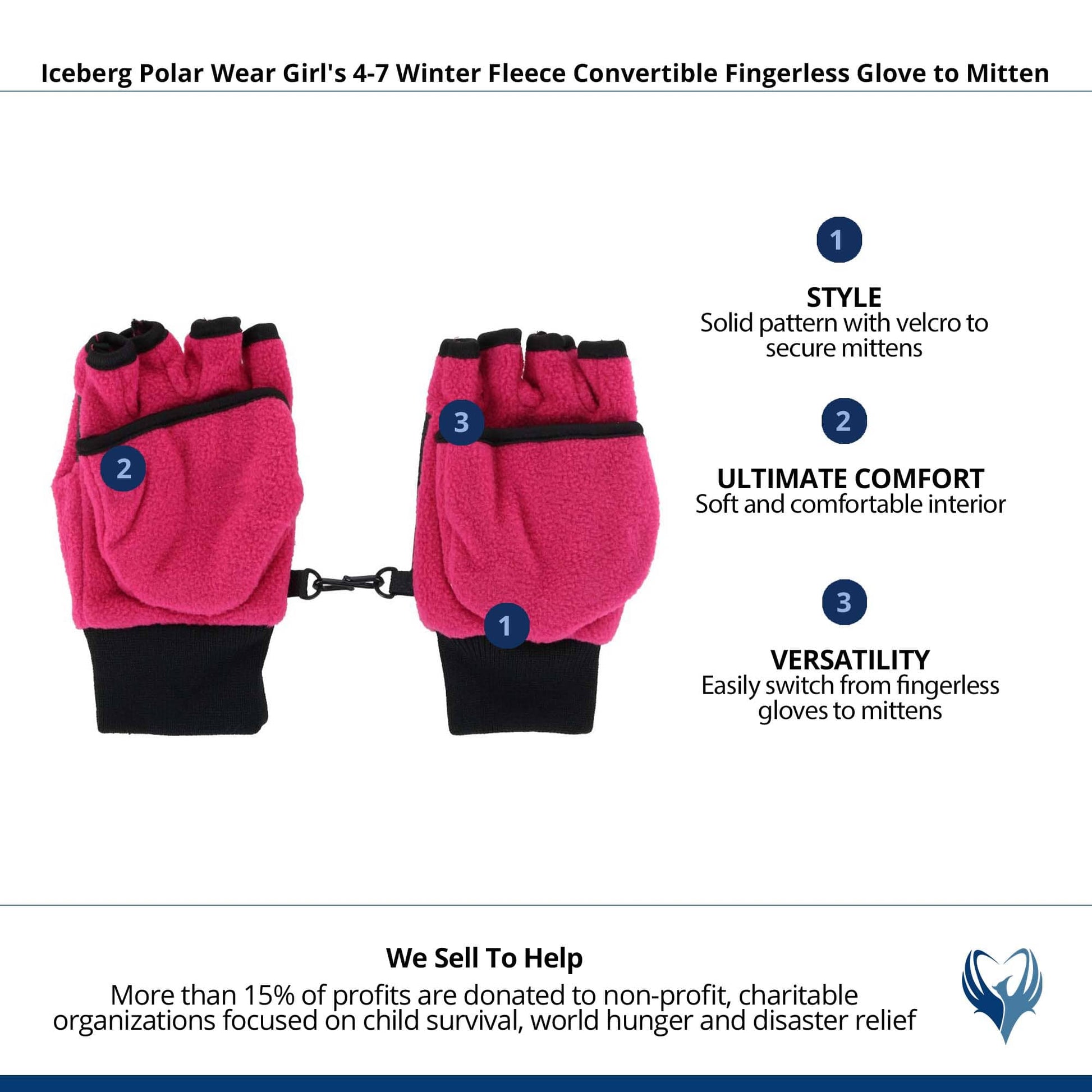 Iceberg Polar Wear Kid's 4-7 Fleece Convertible Fingerless Glove to Mitten - Pink