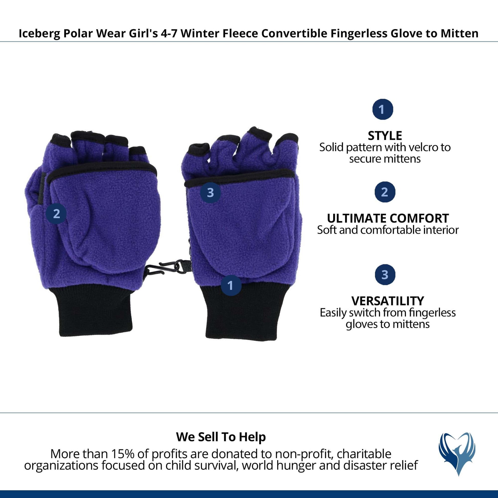 Iceberg Polar Wear Kid's 4-7 Fleece Convertible Fingerless Glove to Mitten - Purple