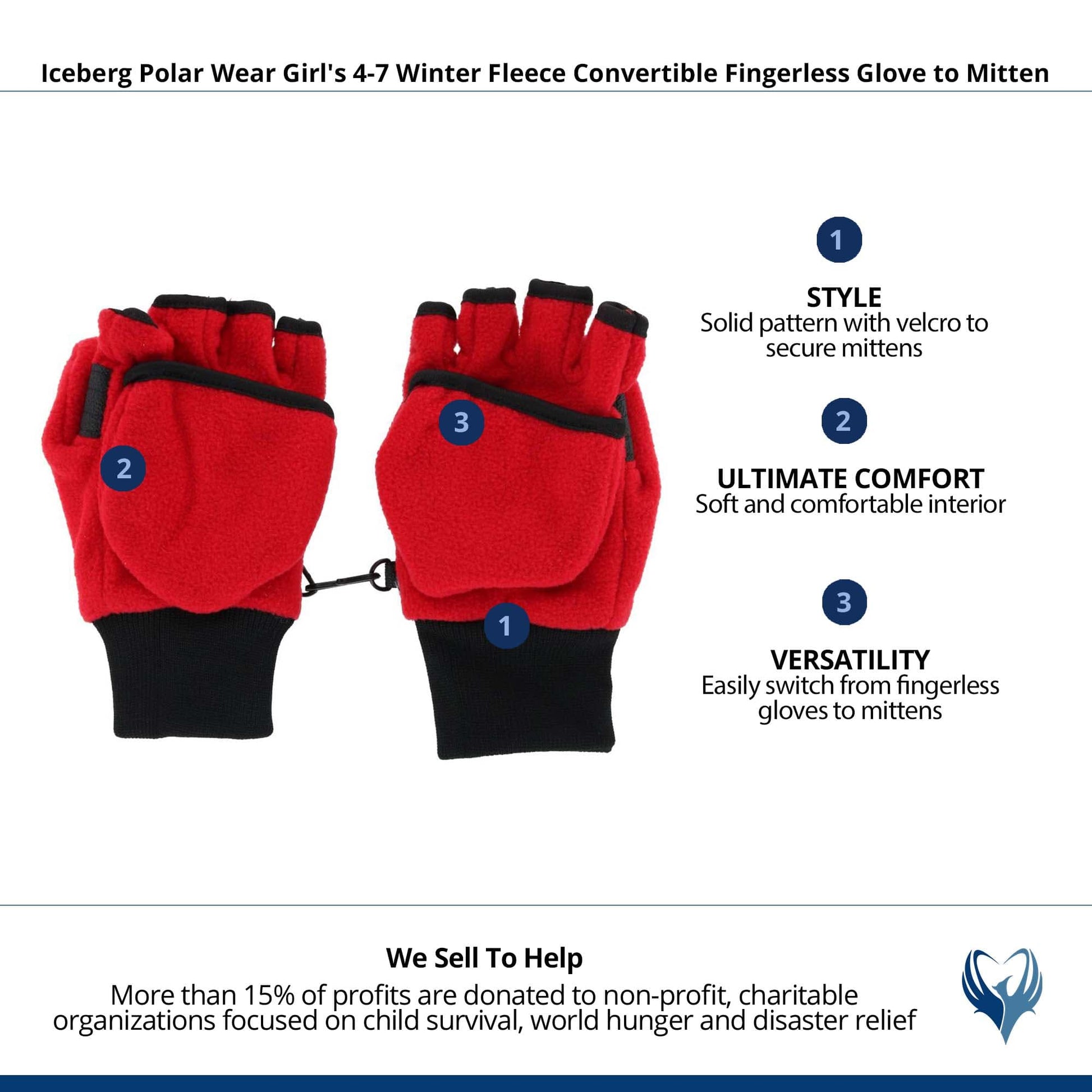Iceberg Polar Wear Kid's 4-7 Fleece Convertible Fingerless Glove to Mitten - Red