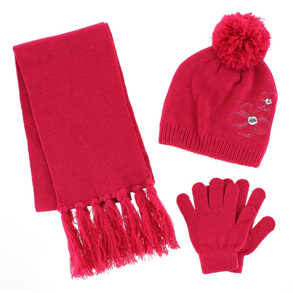 ClimaZer0 Girl's Flower Beanie Hat Scarf and Gloves Winter Set - Dark Pink