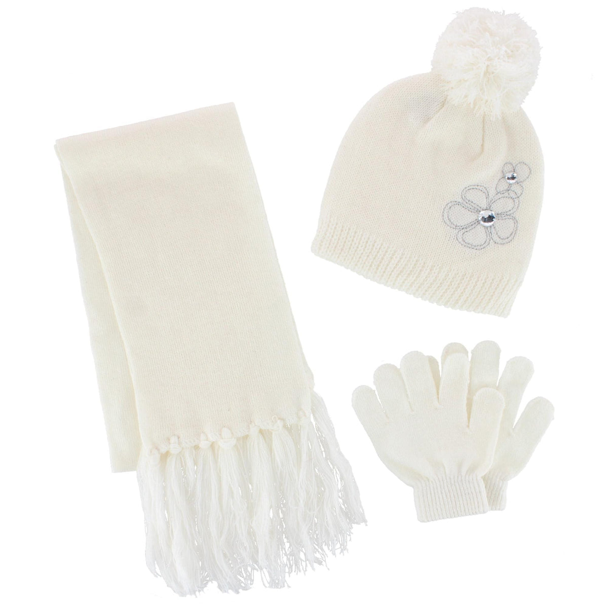 ClimaZer0 Girl's Flower Beanie Hat Scarf and Gloves Winter Set - White