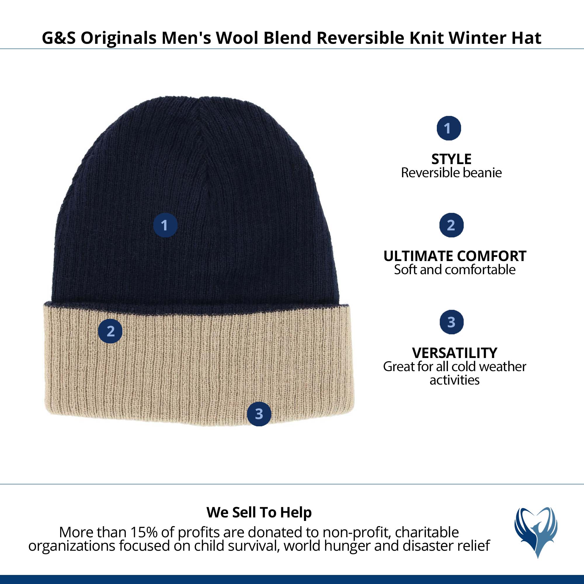 G&S Originals Men's Wool Blend Reversible Knit Winter Hat - Navy