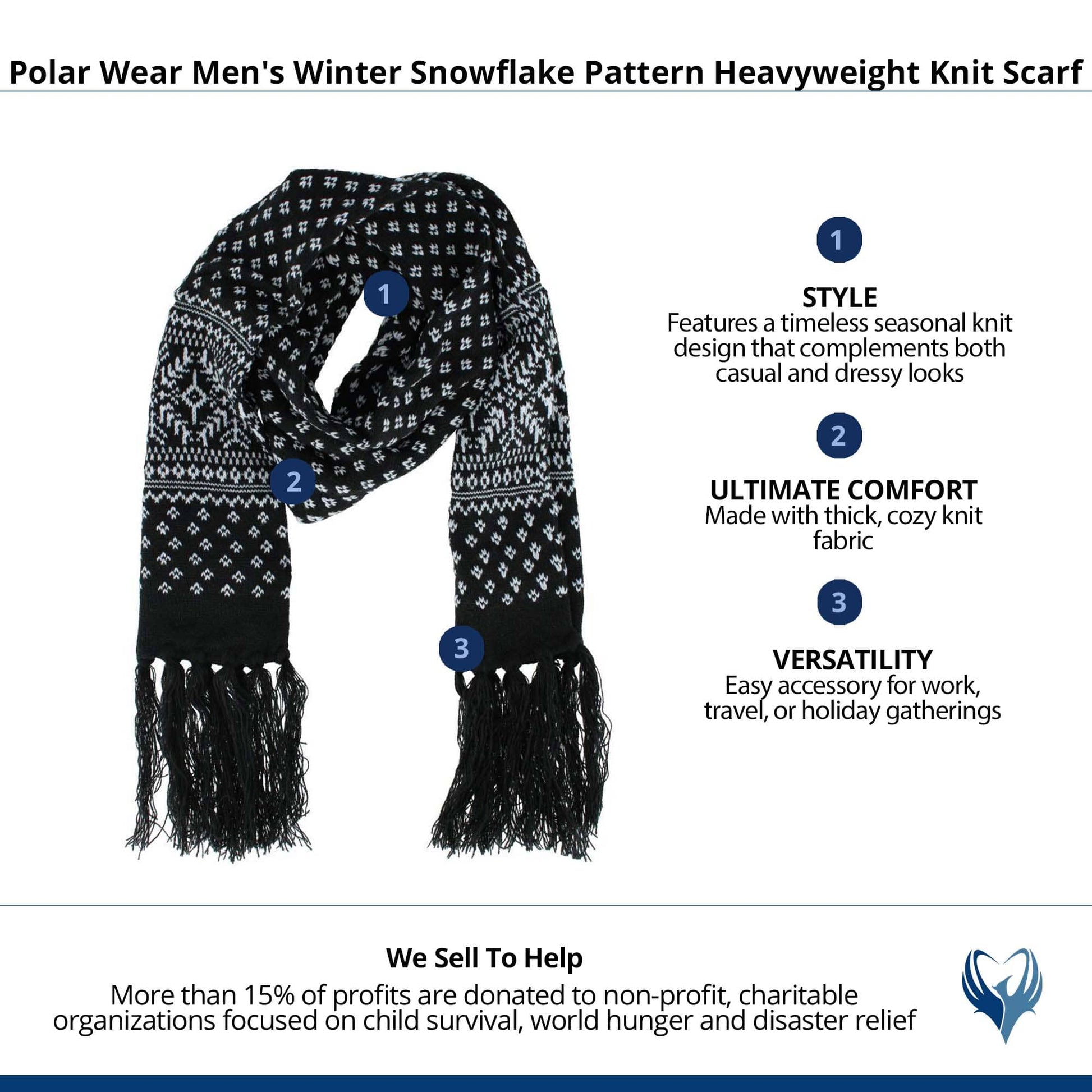 Polar Wear Men's Winter Snowflake Pattern Heavyweight Knit Scarf - Black