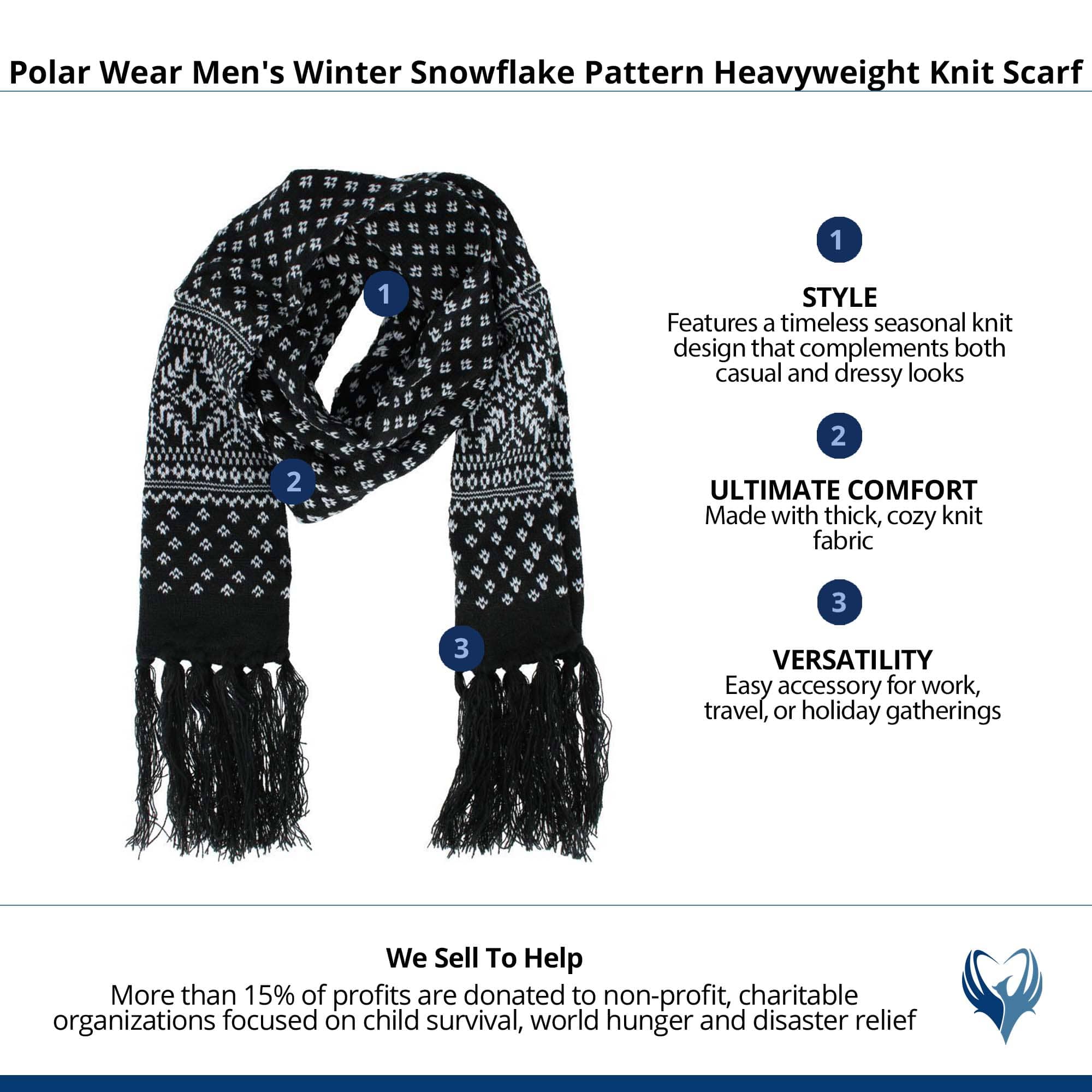 Polar Wear Men's Winter Snowflake Pattern Heavyweight Knit Scarf - Black