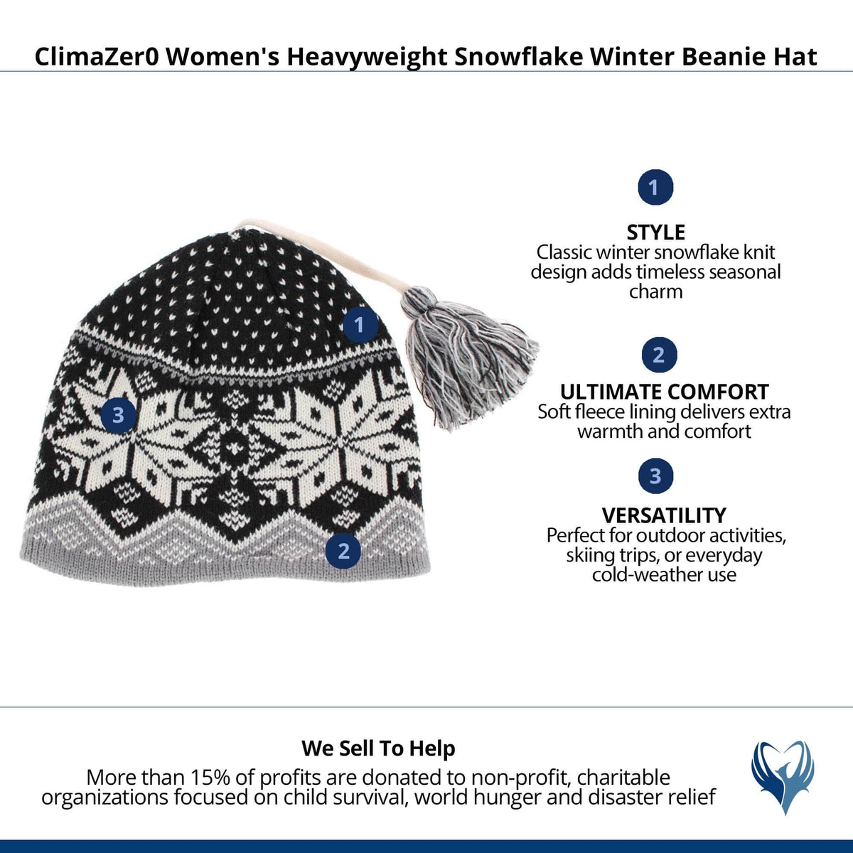 ClimaZer0 Women's Heavyweight Snowflake Winter Beanie Hat - Black