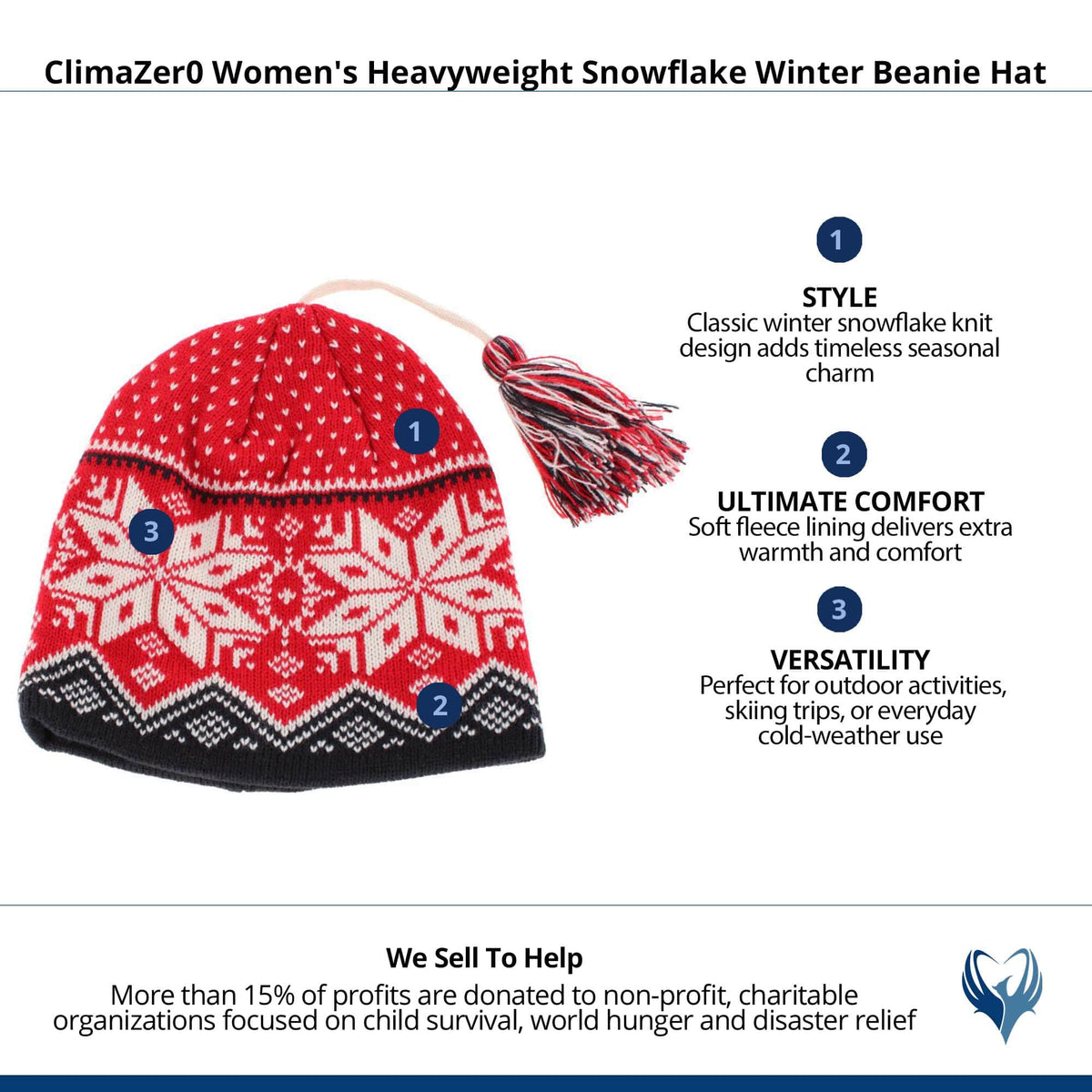 ClimaZer0 Women's Heavyweight Snowflake Winter Beanie Hat - Red