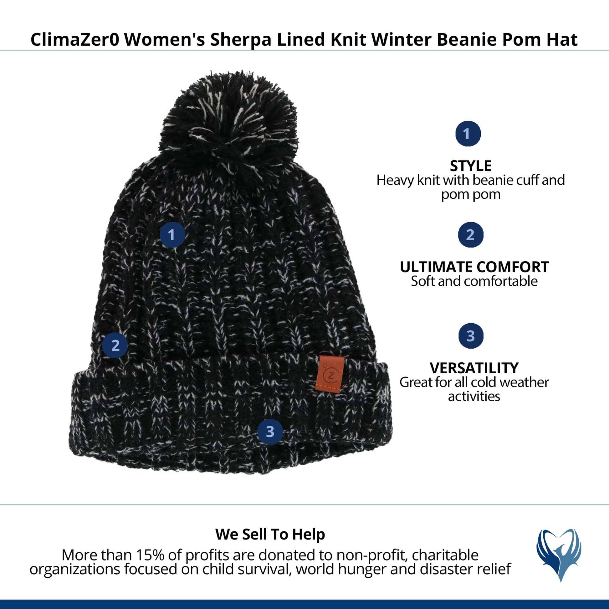ClimaZer0 Women's Sherpa Lined Knit Winter Beanie Pom Hat - Black
