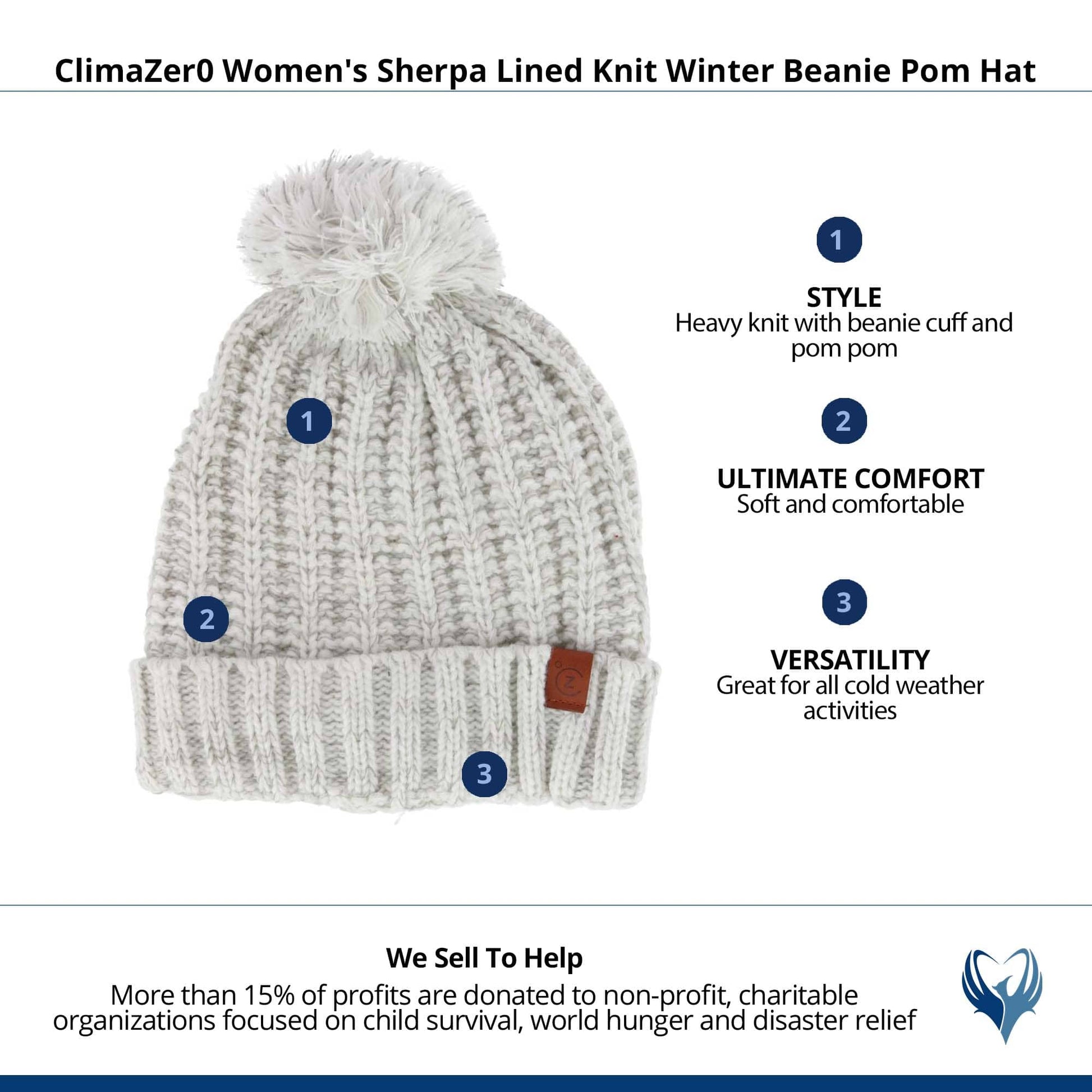 ClimaZer0 Women's Sherpa Lined Knit Winter Beanie Pom Hat - Cream
