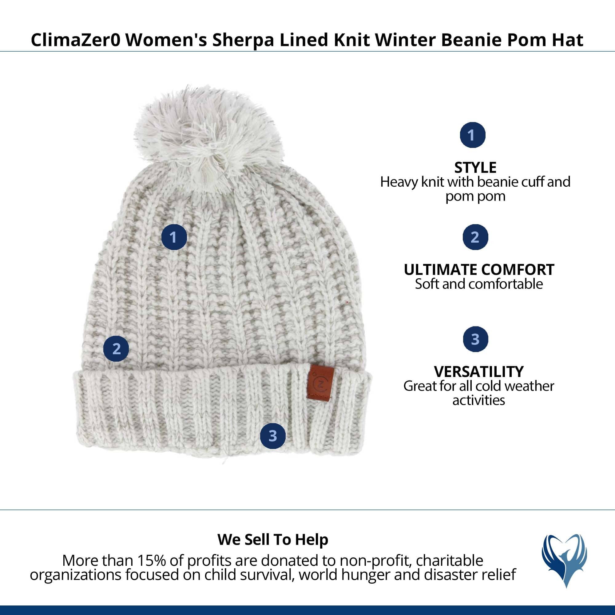 ClimaZer0 Women's Sherpa Lined Knit Winter Beanie Pom Hat - Cream