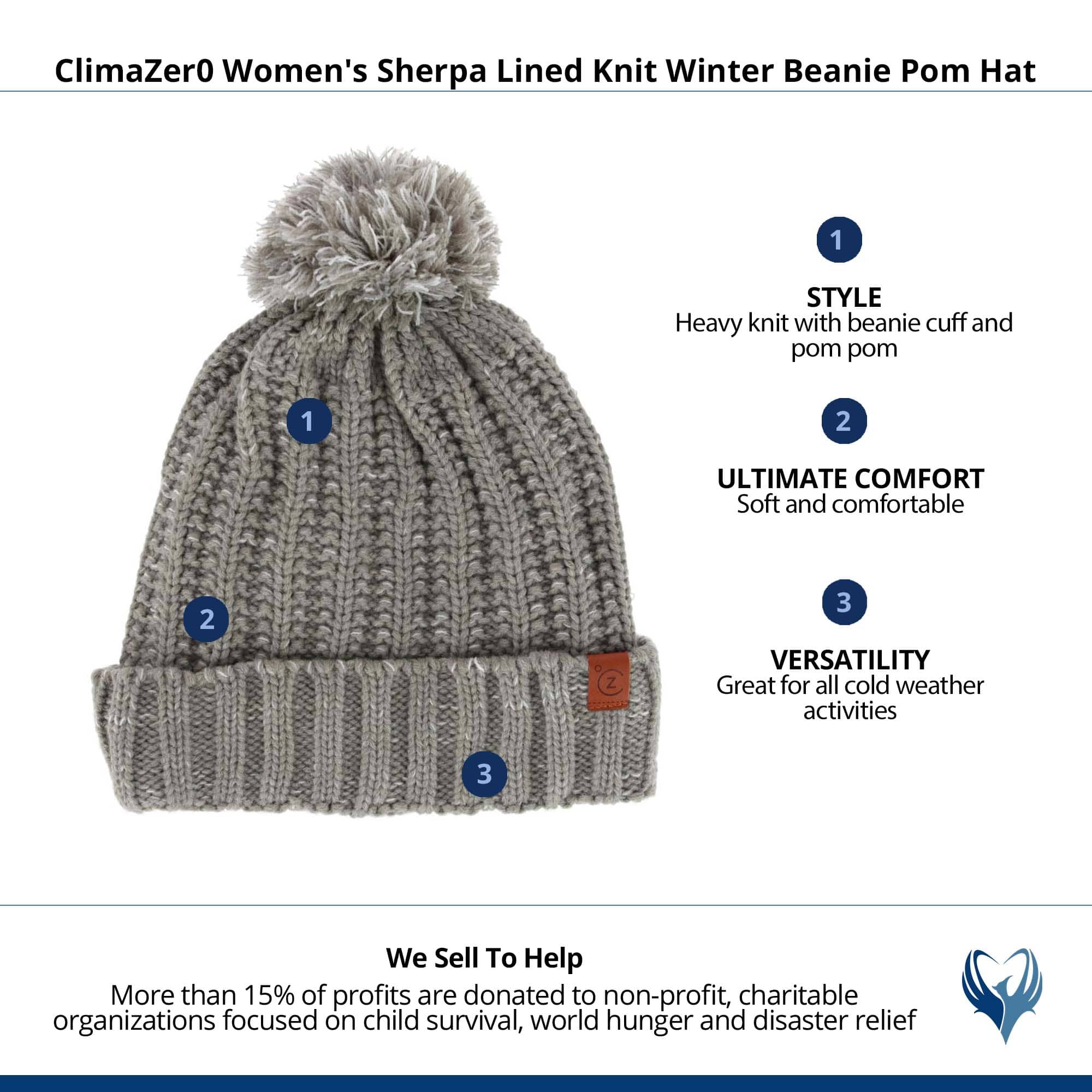 ClimaZer0 Women's Sherpa Lined Knit Winter Beanie Pom Hat - Gray