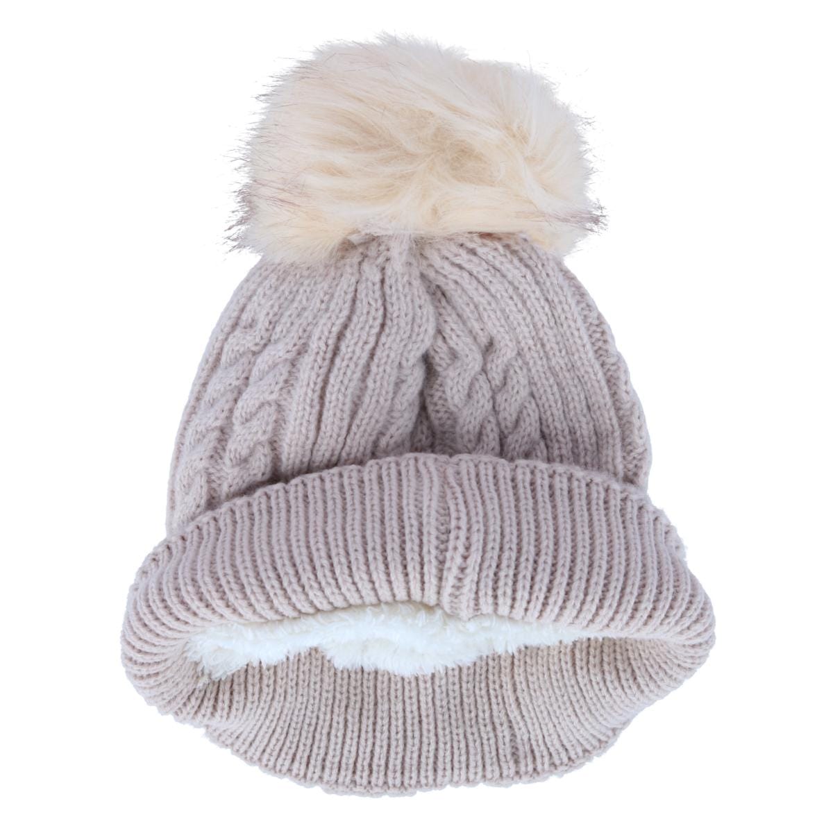 CTM® Women's Knit Winter Beanie with Cuff and Synthetic Fur Pom - Beige