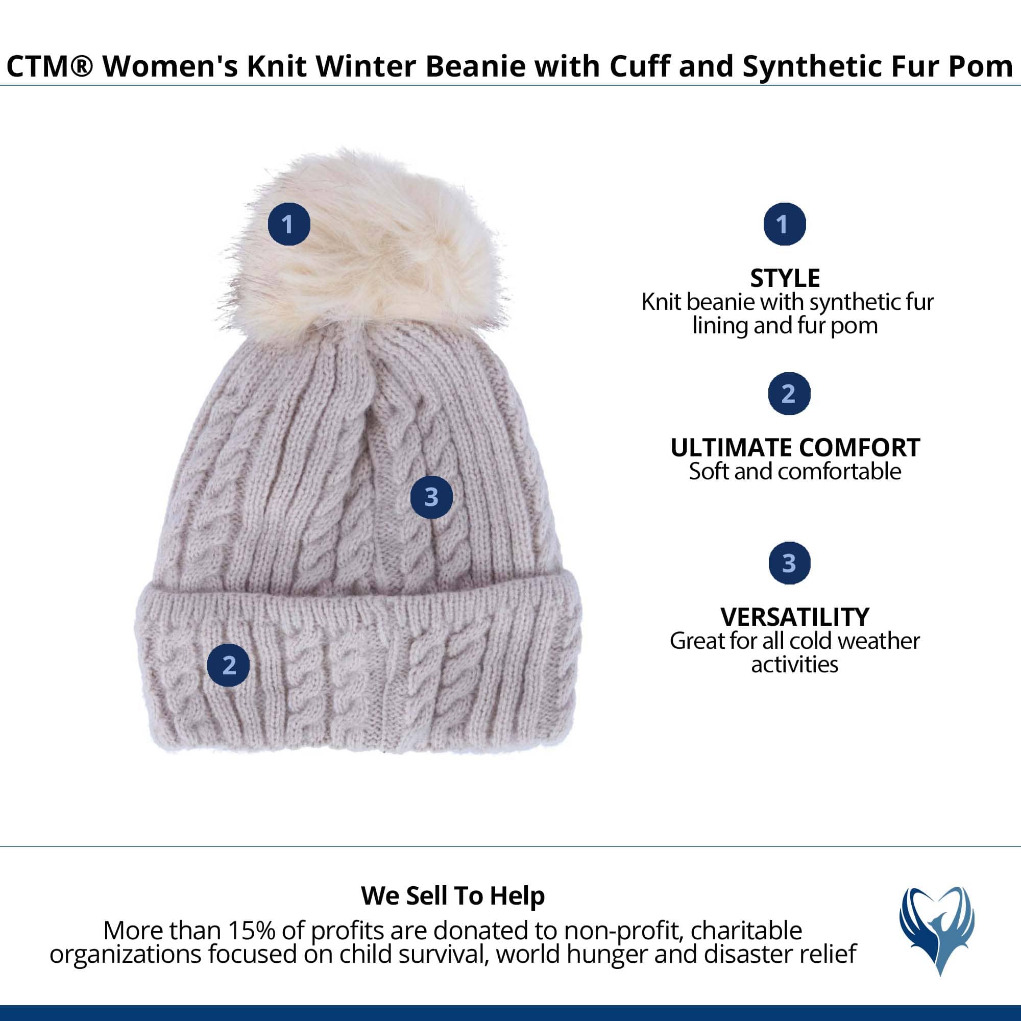 CTM® Women's Knit Winter Beanie with Cuff and Synthetic Fur Pom - Beige