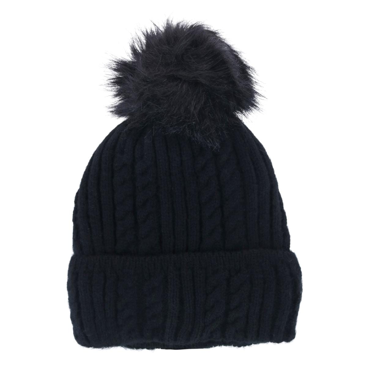 CTM® Women's Knit Winter Beanie with Cuff and Synthetic Fur Pom - Black