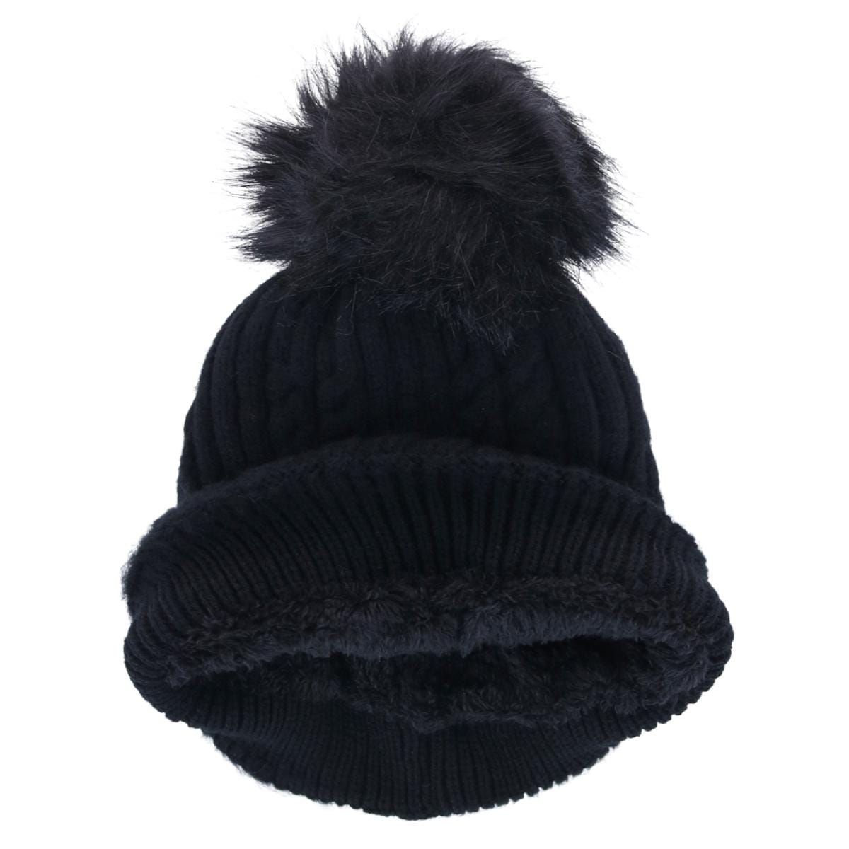 CTM® Women's Knit Winter Beanie with Cuff and Synthetic Fur Pom - Black