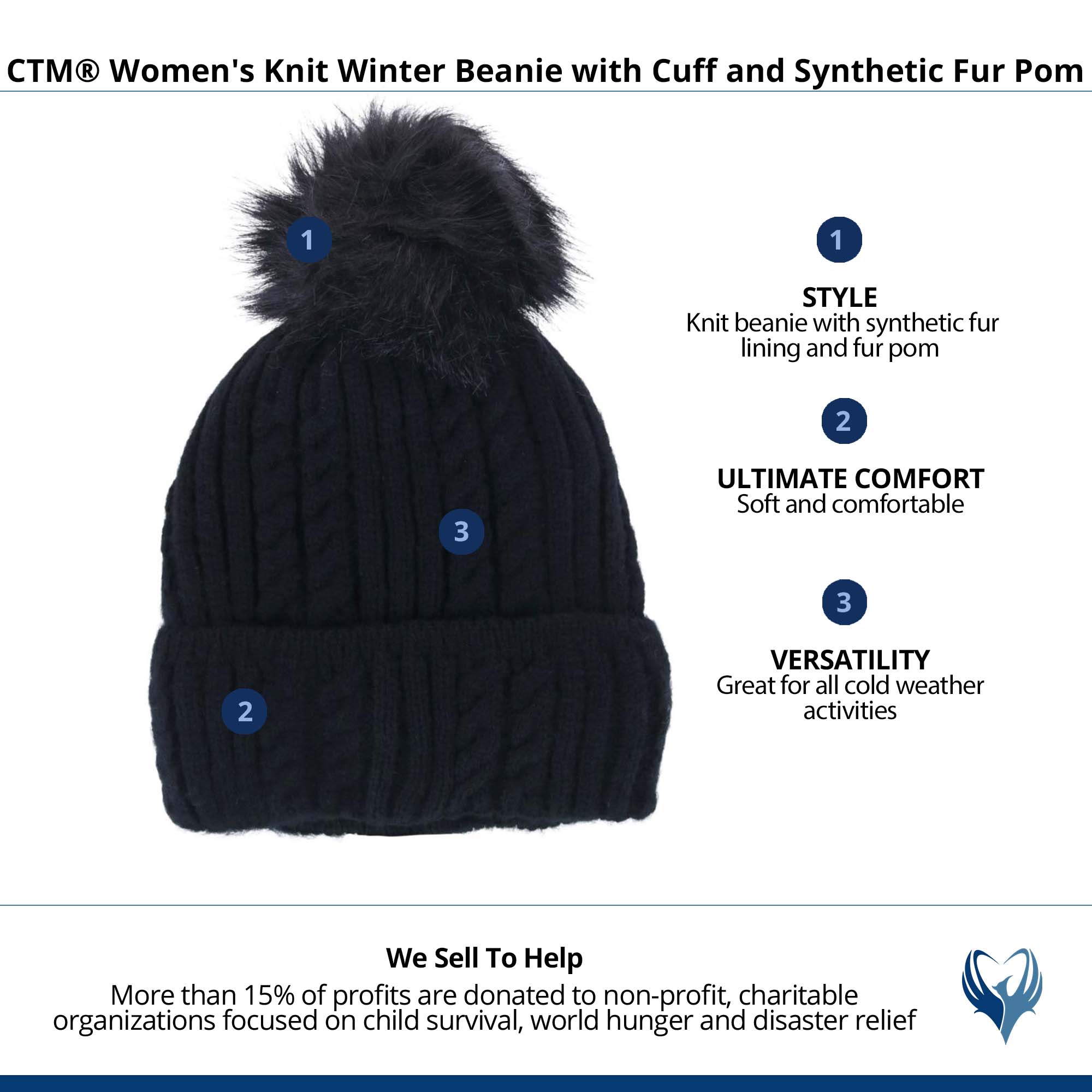 CTM® Women's Knit Winter Beanie with Cuff and Synthetic Fur Pom - Black