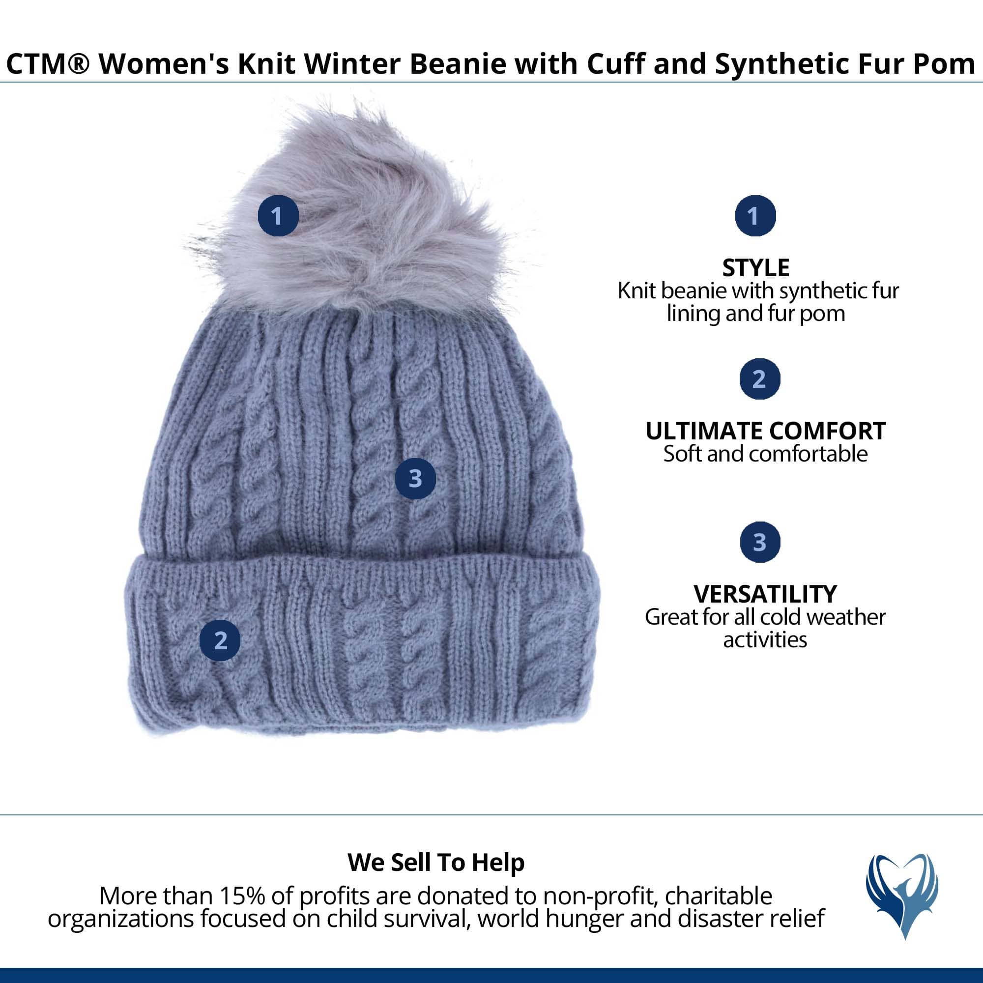 CTM® Women's Knit Winter Beanie with Cuff and Synthetic Fur Pom - Gray