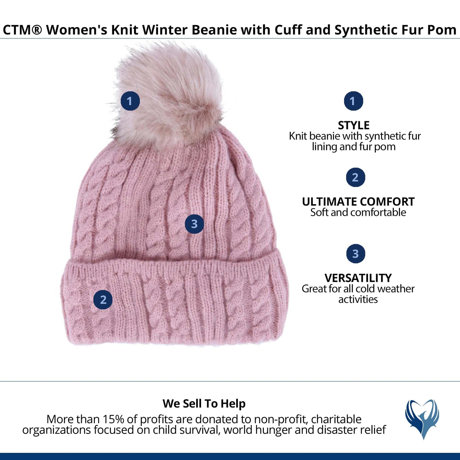 CTM® Women's Knit Winter Beanie with Cuff and Synthetic Fur Pom - Pink