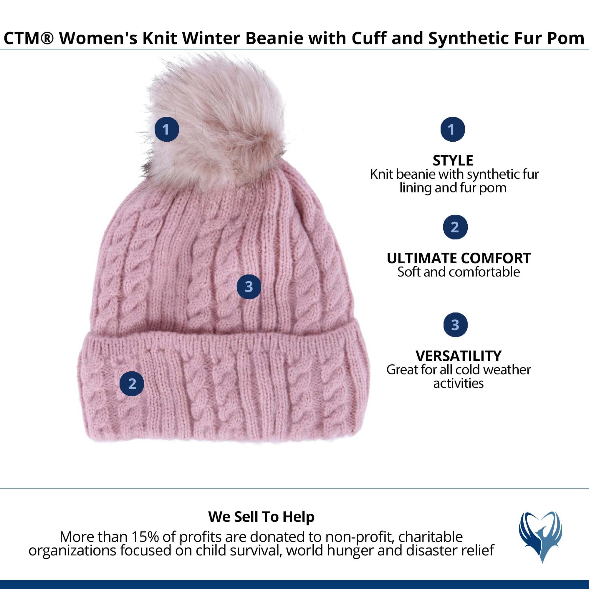 CTM® Women's Knit Winter Beanie with Cuff and Synthetic Fur Pom - Pink