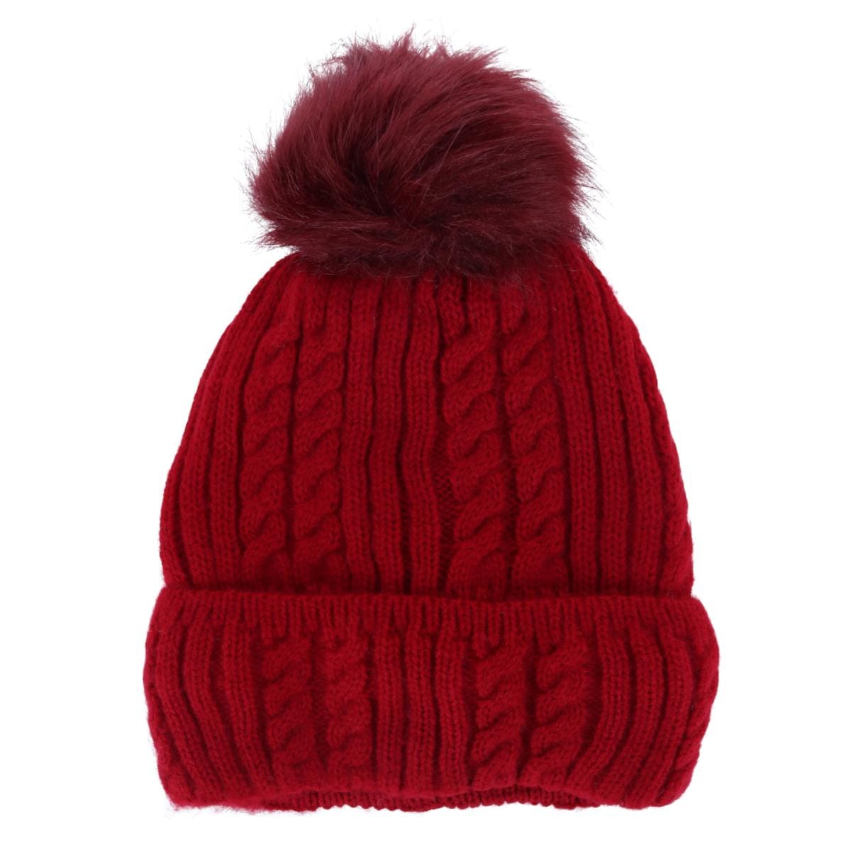 CTM® Women's Knit Winter Beanie with Cuff and Synthetic Fur Pom - Red