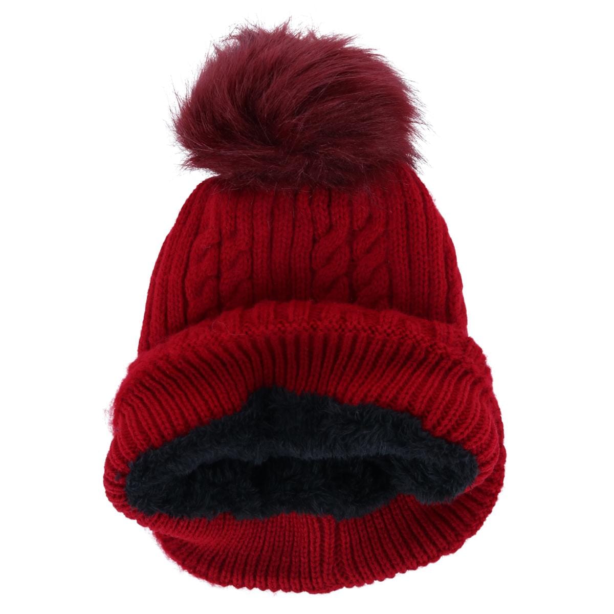 CTM® Women's Knit Winter Beanie with Cuff and Synthetic Fur Pom - Red
